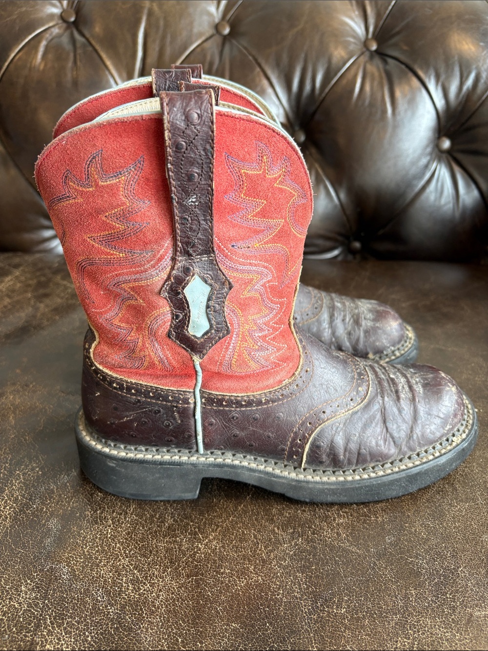 Ariat Brown Leather and Red Western Ankle Boots Size 8.5